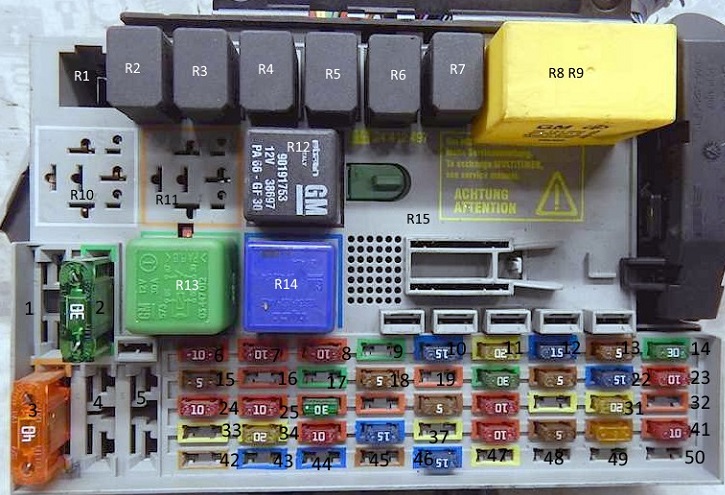 Diagrama da caixa de fusíveis do Astra G (a partir de 2001).