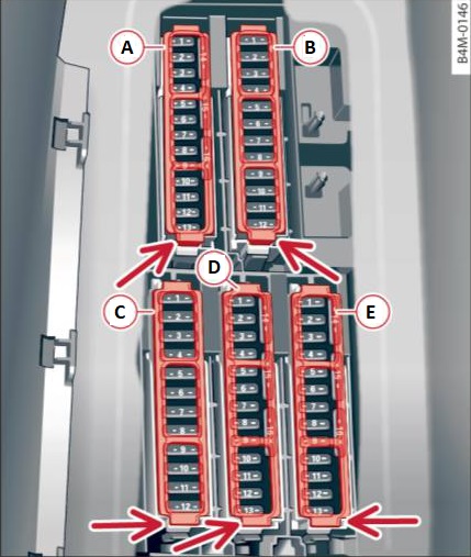 Diagrama do painel de fusíveis no apoio para os pés, direção esquerda.
