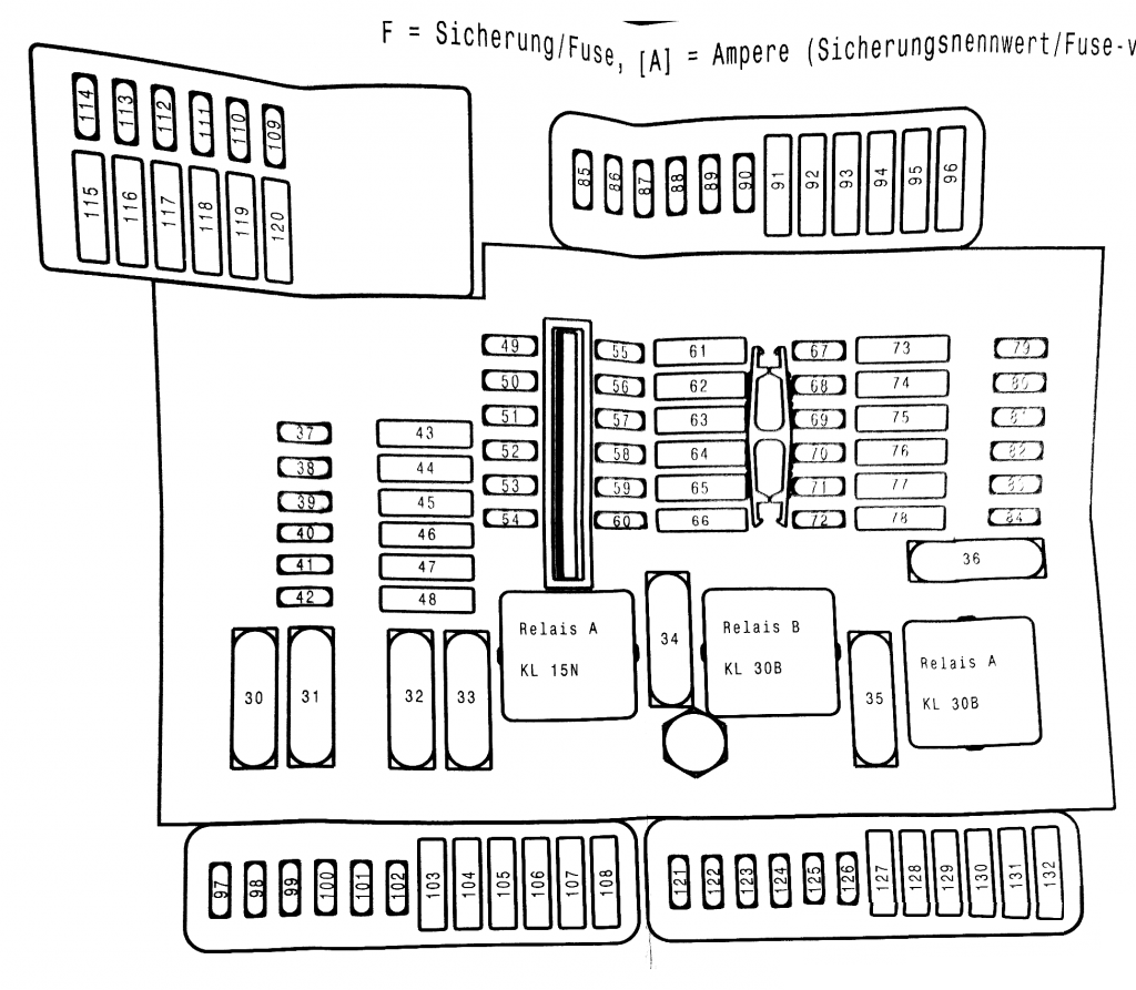 Diagrama detalhado da caixa de fusíveis, mostrando a disposição.