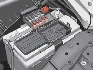 Fusíveis do compartimento do motor, localizados acima da bateria.
