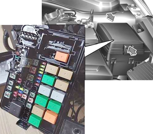 Caixa de fusíveis principal localizada ao lado da bateria no motor.