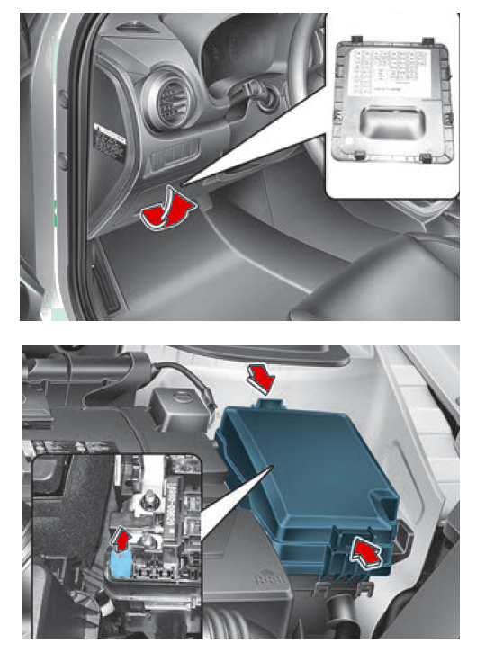 Localização da caixa de fusíveis do Hyundai Kona I (2017-2021).