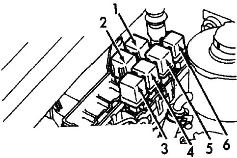 Localização dos relés no para-lama direito para modelos A/T 1990-1993.
