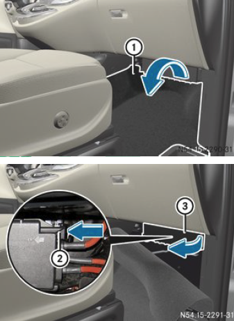 Instruções visuais para abrir o suporte de relé e acessar os fusíveis.