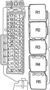 Diagrama da caixa de fusíveis da cabine do Nissan Quest (1998-2002).