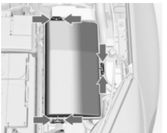 Diagrama da caixa de fusíveis no compartimento do motor, mostrando a remoção da tampa.