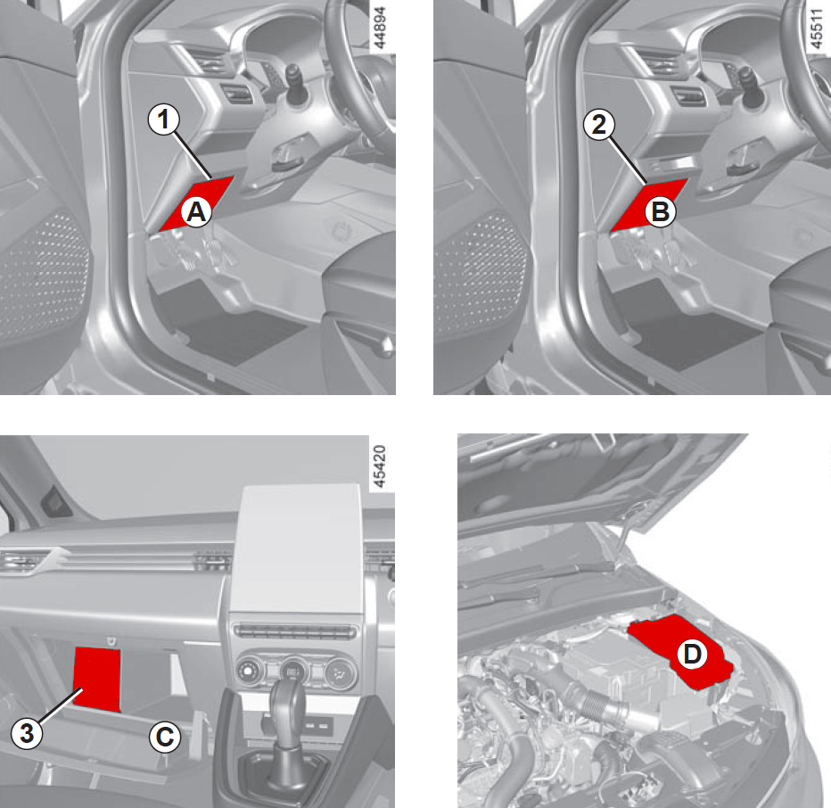 Diagrama da caixa de fusíveis do Renault Clio V na cabine.