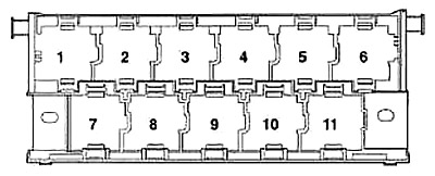 Diagrama detalhado do bloco de relés do Seat Arosa (1997-2004), próximo à caixa de fusíveis.