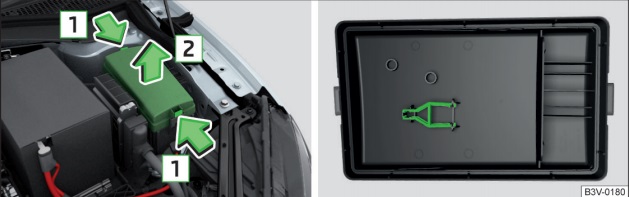 Caixa de fusíveis no compartimento do motor, com porta-luvas inclinado.