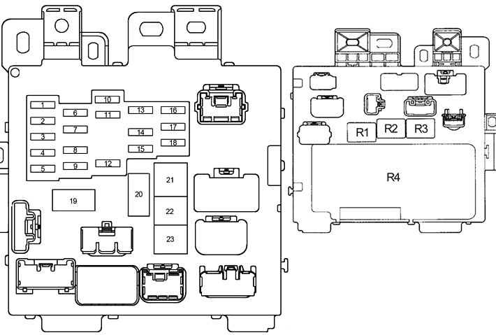 Diagrama da caixa de fusíveis na cabine, atrás do porta-luvas.
