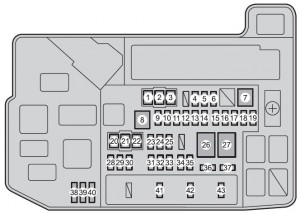 Diagrama detalhado dos fusíveis do compartimento do motor do Toyota Prius V 2012.