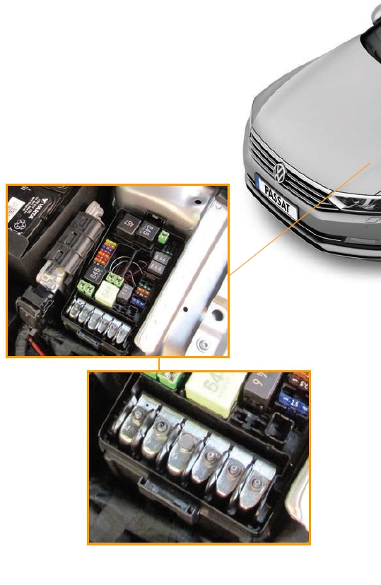 Caixa de fusíveis do motor, ao lado da bateria, com duas seções.